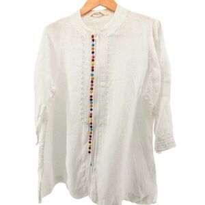 Soft Surroundings White Linen Tunic Embroidered Zip Front Knotted Buttons 1X ?